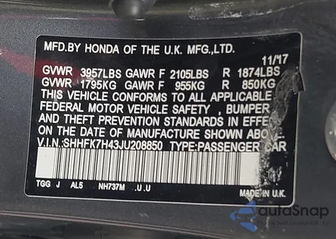 2018 Honda Civic Sport from USA, damaged, VIN SHHFK7H43JU208850